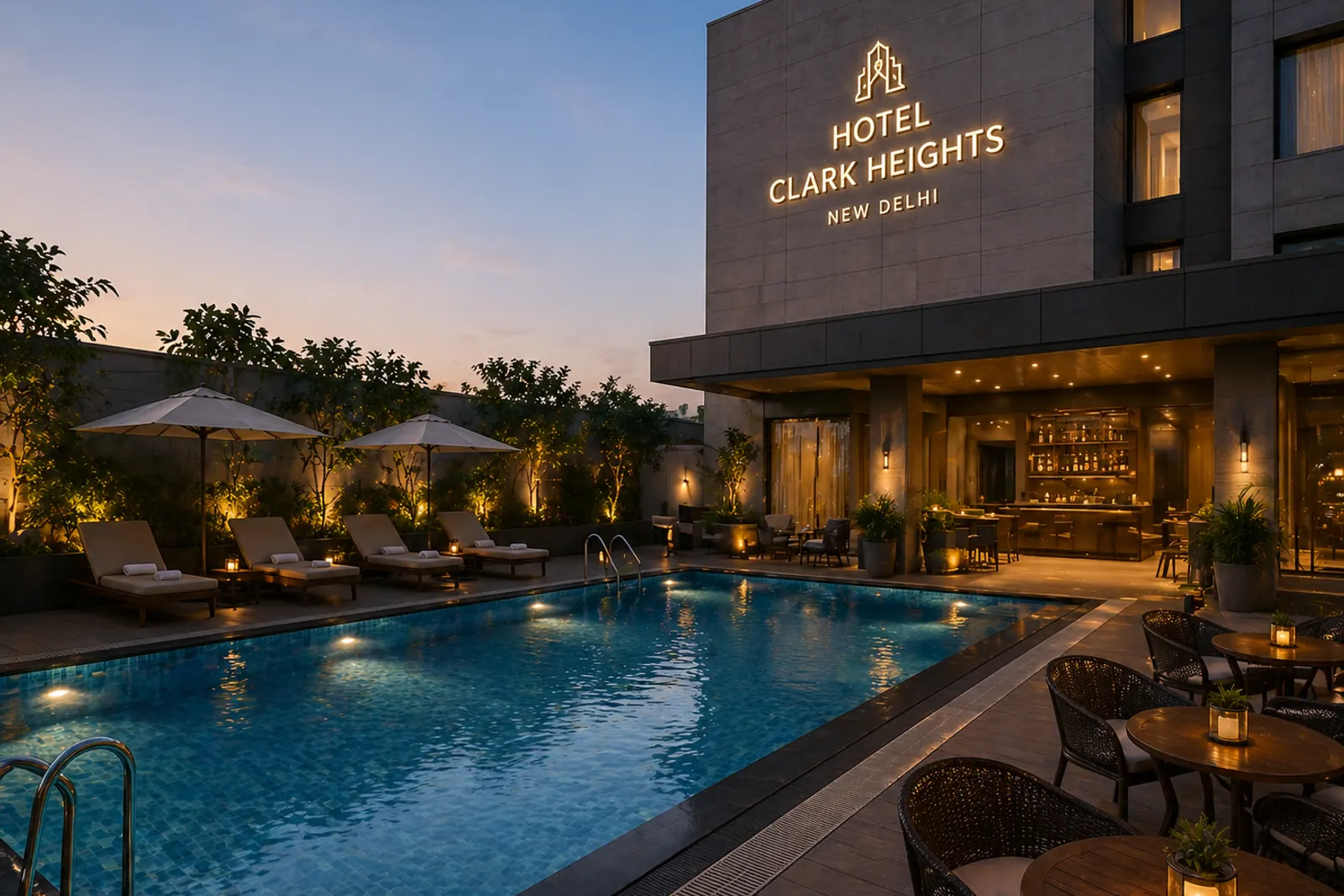 Hotel Clark Heights — pool deck and façade at dusk, with Hotel Clark Heights signage on the building